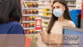  Presentation with coupon - Colorful PPT layouts enhanced with modern-woman-wearing-mask backdrop and a coral colored foreground