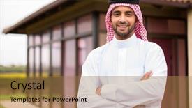  Presentation with arab - Amazing slide deck having modern young arabian man backdrop and a coral colored foreground