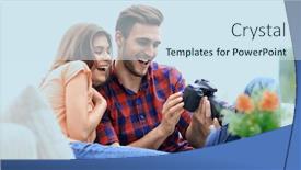  Presentation with checks - Colorful presentation enhanced with modern young couple checks the photos on the camera backdrop and a sky blue colored foreground