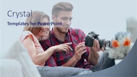  Presentation with checks - Colorful slide set enhanced with modern young couple checks the photos on the camera backdrop and a sky blue colored foreground