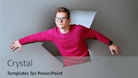  Presentation with breaking through - Slide deck with modern-young-man-in-casual background and a light gray colored foreground