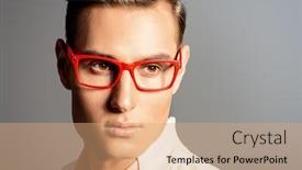  Presentation with modern elegant - Presentation consisting of modern young man in white jacket and elegant red glasses studio fashion shot optics background and a coral colored foreground
