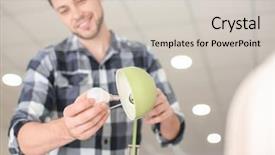  Presentation with light bulb graduation cap - Slide deck featuring modernization - man changing light bulb background and a soft green colored foreground