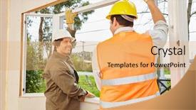  Presentation with modernization - Colorful PPT layouts enhanced with modernization - two window fitters assemble window backdrop and a coral colored foreground