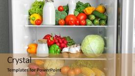  Presentation with refrigerator - Colorful presentation design enhanced with open refrigerator full of vegetables backdrop and a yellow colored foreground