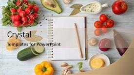  Presentation with notepad - PPT theme having variety of food products and notepad on kitchen table background and a soft green colored foreground