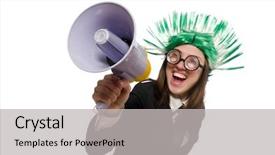  Presentation with business intelligence white robotic arm - PPT theme enhanced with mohicans - funny businesswoman in business concept background and a light gray colored foreground