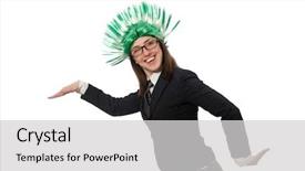  Presentation with business intelligence white robotic arm - Presentation theme having mohicans - funny businesswoman in business concept background and a  colored foreground