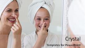  Presentation with daughter - Theme enhanced with moisturizing - smiling mother and daughter applying background and a coral colored foreground