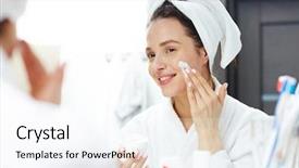  Presentation with cream - PPT theme featuring applying cream on her face background and a sky blue colored foreground