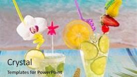  Presentation with lemon lime - Presentation theme featuring mojito and lemon lime cocktails in tropical blue wood at turquoise caribbean beach background and a yellow colored foreground