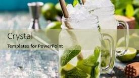  Presentation with lime - Beautiful slides featuring mojito cocktail with lime and mint in glass jars on the table copy space backdrop and a mint green colored foreground