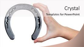  Presentation with trophy award hand holding - Presentation theme having mojo - hand holding horseshoe isolated background and a  colored foreground