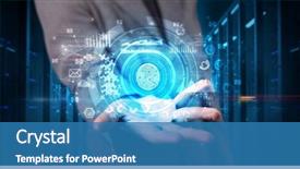  Presentation with biometric security - Cool new PPT layouts with molecular - man holding hologram projection displaying backdrop and a teal colored foreground