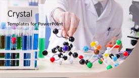  Presentation with molecular biology lab - Colorful presentation design enhanced with molecular diagnostic - old male chemist working backdrop and a lemonade colored foreground