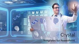  Presentation with medical science futuristic technology abstract - Presentation design consisting of molecular diagnostic - young male doctor in futuristic background and a light blue colored foreground