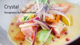  Presentation with mango leaves and paint - Presentation theme with molecular food - sevice with salmon and mango background and a light gray colored foreground