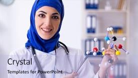  Presentation with working in a clinic - Colorful slide set enhanced with molecular modelling - arab female doctor working backdrop and a light blue colored foreground