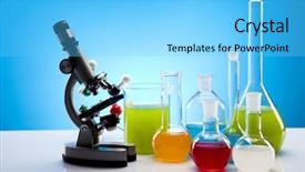  Presentation with flasks - Audience pleasing presentation consisting of molecular modelling - laboratory flasks with fluids backdrop and a light blue colored foreground