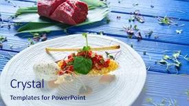  Presentation with nutrition - Presentation design featuring molecular nutrition - steak tartare with mustard ice-cream background and a  colored foreground