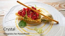  Presentation with ice cream - Slide set featuring molecular nutrition - steak tartare with mustard ice-cream background and a  colored foreground