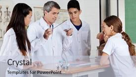  Presentation with front desk - Slide set consisting of molecular structure - mature male professor experimenting background and a lemonade colored foreground