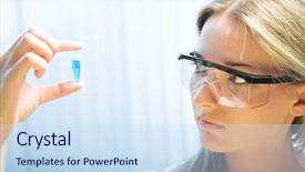  Presentation with test 1 - Colorful presentation design enhanced with molecule dna - young woman holding a plastic backdrop and a sky blue colored foreground