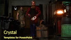  Presentation with molten - Slide set consisting of molten steel - young blacksmiths in workwear working background and a  colored foreground