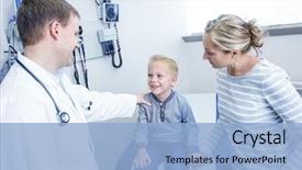  Presentation with doctor office call center - Presentation theme with smiling boy at the doctor' background and a light blue colored foreground
