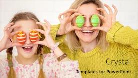  Presentation with decorate - Colorful PPT layouts enhanced with mom and child decorate easter eggs family at home woman with girl painting backdrop and a yellow colored foreground