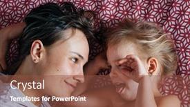  Presentation with mom baby - Slide deck enhanced with mom and daughter in bed the morning the baby wakes up and hugs mother the concept of a happy family life background and a tawny brown colored foreground