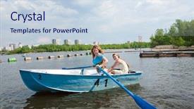  Presentation with mom daughter - PPT theme consisting of mom-and-daughter-in-boat background and a sky blue colored foreground