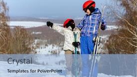  Presentation with mom daughter - Slide deck consisting of mom and daughter in ski equipment play with snow in the ski resort background and a light blue colored foreground