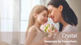  Presentation with togetherness - Presentation theme enhanced with happy mother's day child daughter congratulates mom and gives her flowers tulips mum and girl smiling and hugging family holiday and togetherness background and a coral colored foreground