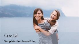  Presentation with mom daughter - Cool new presentation theme with mom and her teenage daughter hugging and smiling together over blue sea view backdrop and a light blue colored foreground