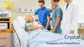  Presentation with baby medical - Colorful PPT theme enhanced with mom baby doctor - medical team and man looking backdrop and a sky blue colored foreground