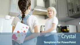  Presentation with birthday card - Audience pleasing theme consisting of mom behind back before congrats backdrop and a ocean colored foreground