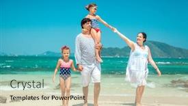  Presentation with mom kids - PPT layouts with mom dad and two their kids walking at the tropical beach background and a soft green colored foreground