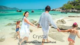  Presentation with mom kids - PPT theme enhanced with mom dad and two their kids walking at the tropical beach rear view background and a soft green colored foreground