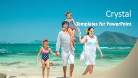  Presentation with mom kids - Audience pleasing slides consisting of mom dad and two their kids walking at the tropical beach backdrop and a teal colored foreground