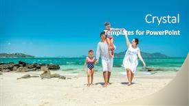  Presentation with mom kids - Slides having mom dad and two their kids walking at the tropical beach background and a teal colored foreground