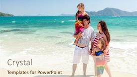  Presentation with mom kids - Cool new slide deck with mom dad and two their kids walking at the tropical beach backdrop and a cream colored foreground