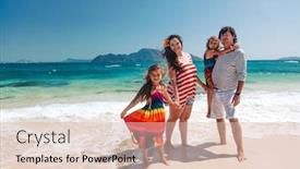  Presentation with mom kids - Slide deck with mom dad and two their kids walking at the tropical beach background and a lemonade colored foreground