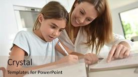  Presentation with mom and newborn - Audience pleasing PPT theme consisting of mom helping daughter with homework backdrop and a  colored foreground