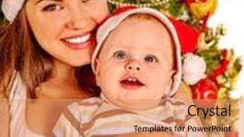  Presentation with baby tree - Audience pleasing presentation theme consisting of mom wearing santa hat gently hugs baby son under christmas tree backdrop and a coral colored foreground