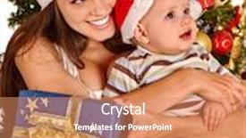  Presentation with baby tree - Beautiful PPT theme featuring mom wearing santa hat holding baby with blue and gold gift box under christmas tree backdrop and a coral colored foreground