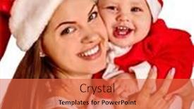  Presentation with mom baby - Slide deck having mom wearing santa hat holding little baby son isolated background and a red colored foreground