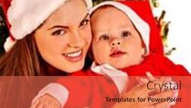  Presentation with baby tree - Colorful presentation theme enhanced with mom wearing santa hat holding baby santa with gold gift box under christmas tree backdrop and a coral colored foreground