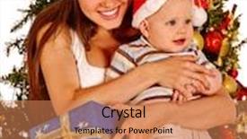  Presentation with baby tree - Cool new slides with mom wearing santa hat holding baby with gift box under christmas tree happy childhood backdrop and a coral colored foreground