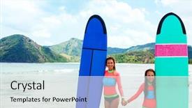  Presentation with mom - Audience pleasing theme consisting of mom with child are learning surfing together backdrop and a sky blue colored foreground